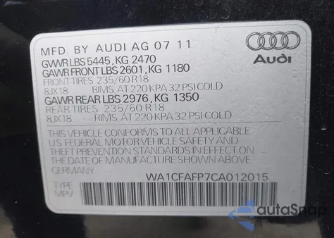 2012 Audi Q5 2.0T Premium from USA, damaged, VIN WA1CFAFP7CA012015
